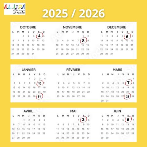 Le calendrier de formation de l'année 2025/2026. Les dates sont les suivantes 04/10/2025 08/11/2025 06/12/2025 10/01/2026 31/01/2026 07/03/2026 28/03/2026 02/05/2026 06/06/2026